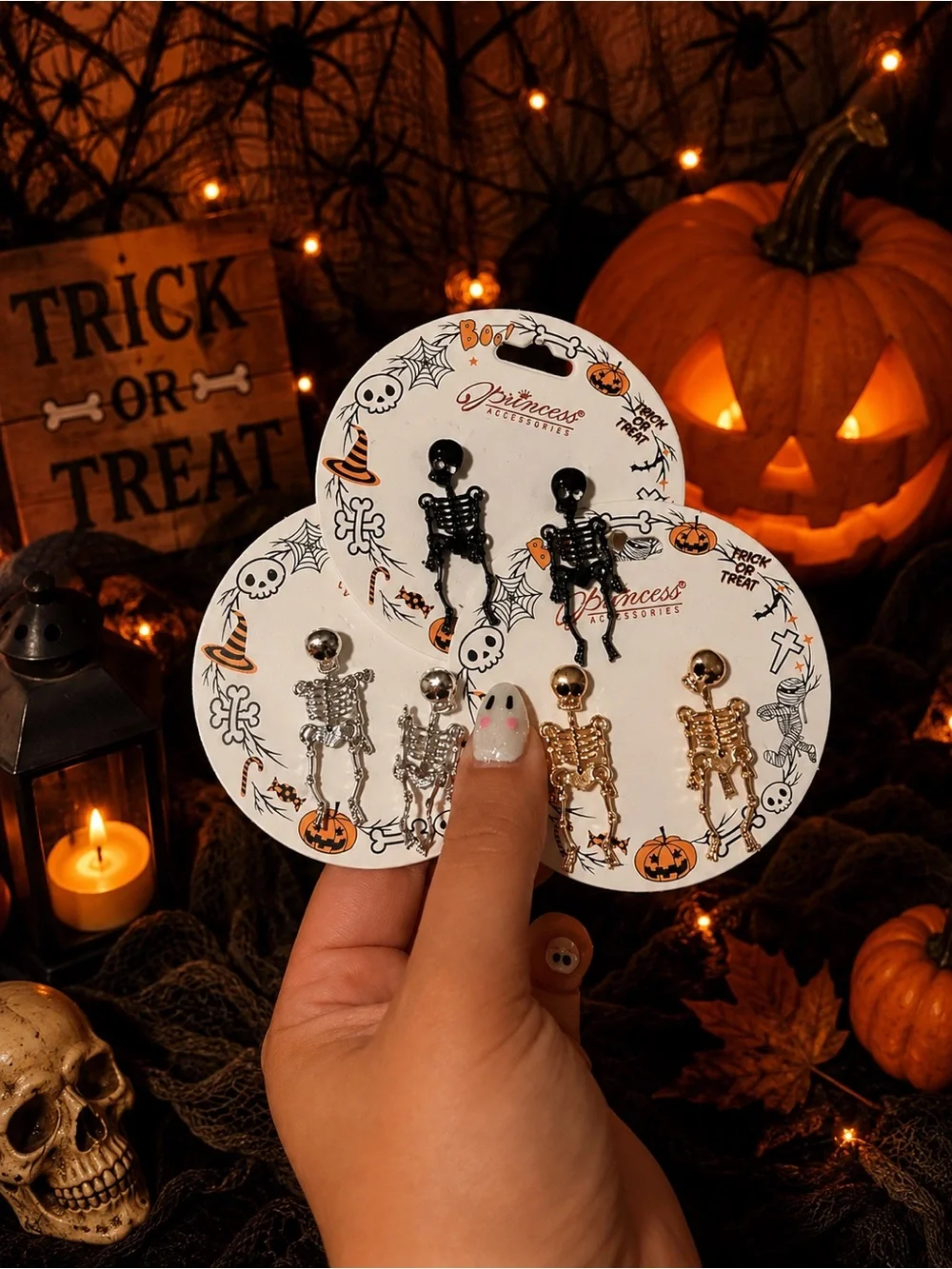 Halloween Skeleton Stud Earrings - Black, Silver, Gold Set